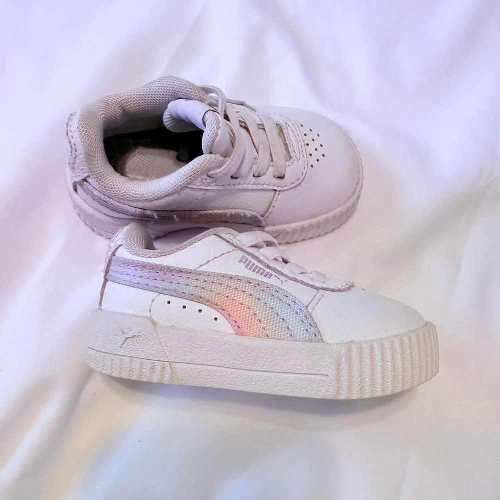 Little girls white size 3 puma shoes with rainbow on the side